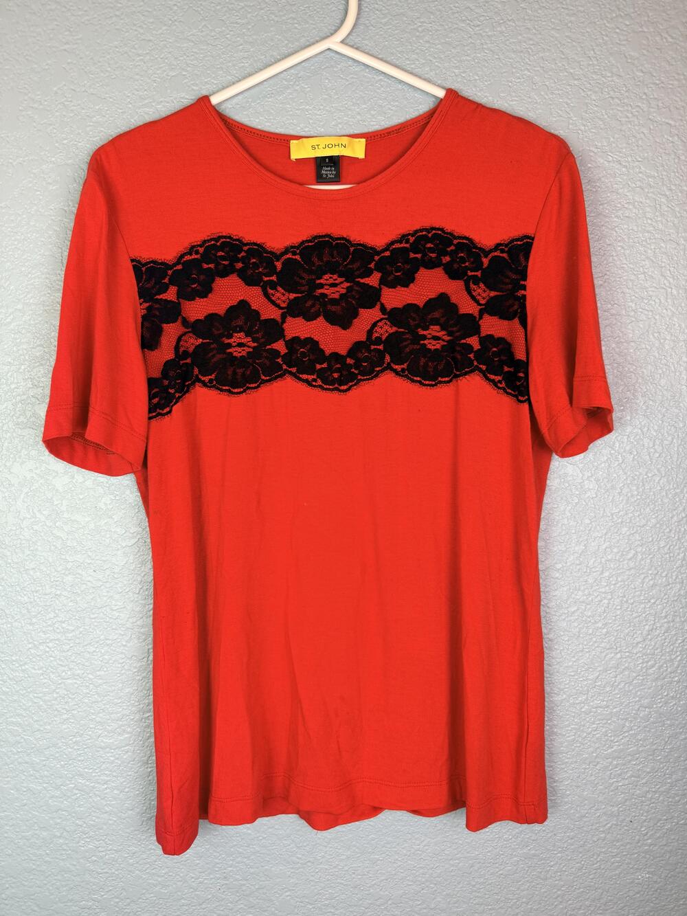 St John Shirt Womens Small Red Black Lace Panel Short Sleeve Knit Blouse
